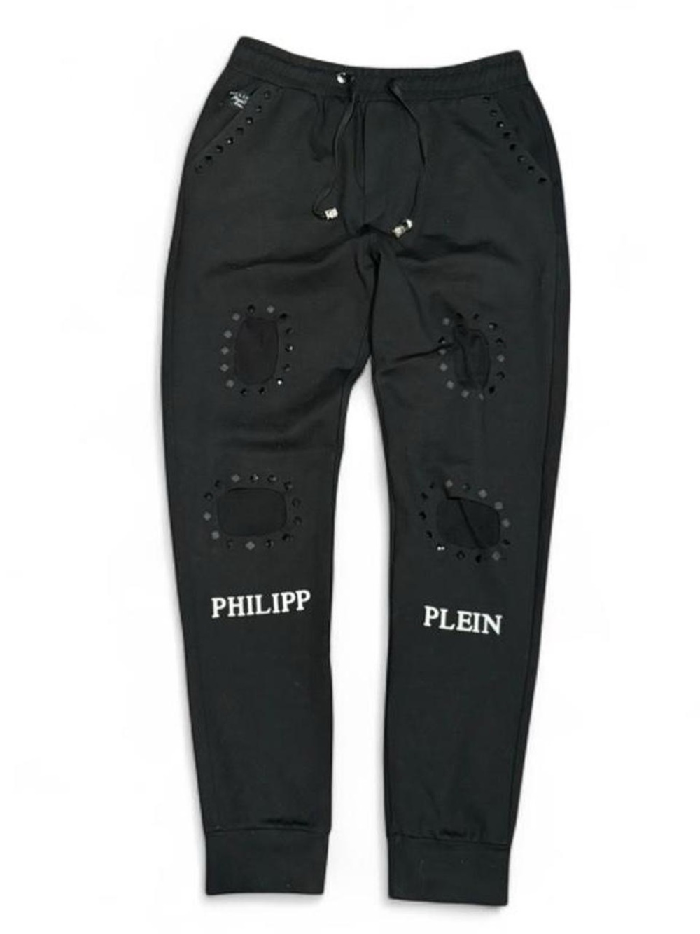 Philipp Plein Illegal Fight Club Black Patched Ripped Slim Fit Black Sweatpants